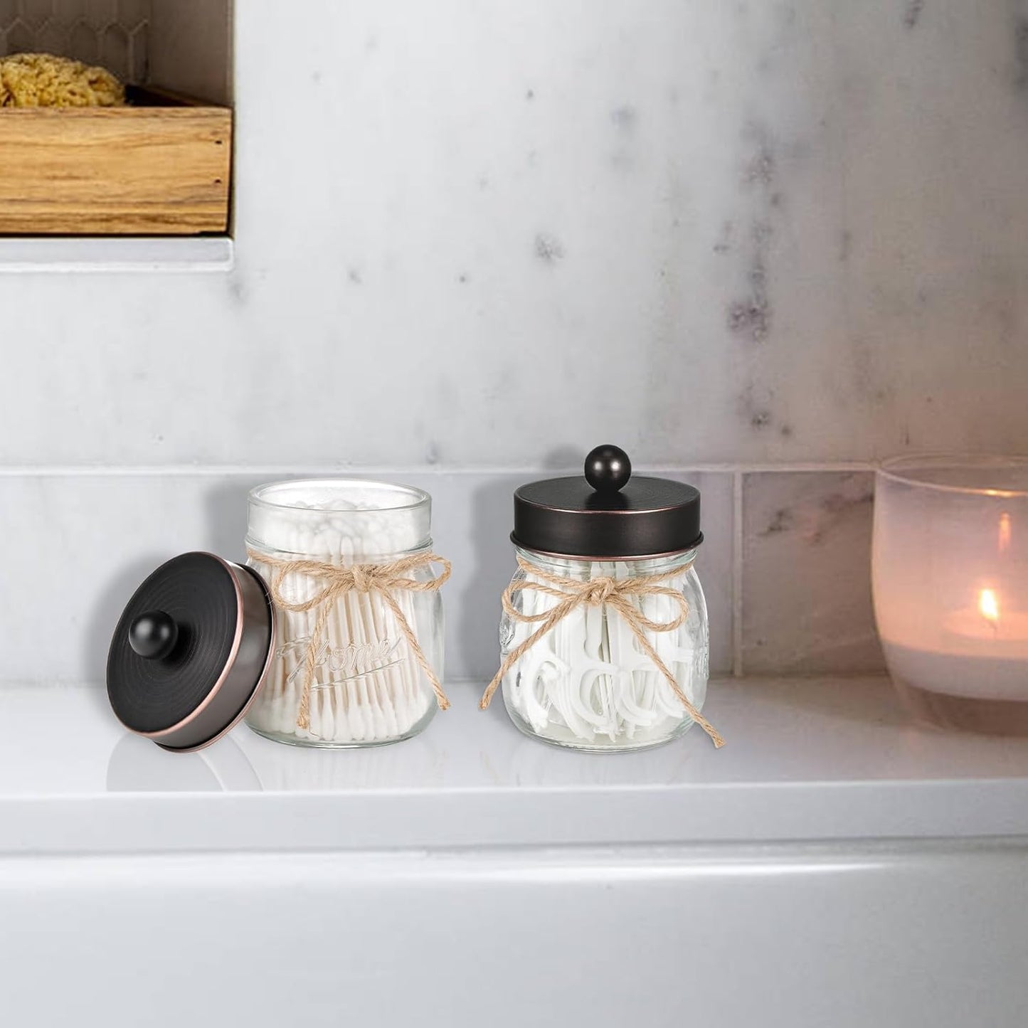 SheeChung Bathroom Decor, Bathroom Organizers and Storage, Qtip Holder, Vanity Decor, Cute Mason Jars for Cotton Swabs, Balls, Cotton Pads, Floss Picks (Oil Rubbed Bronze, 2 Pack)