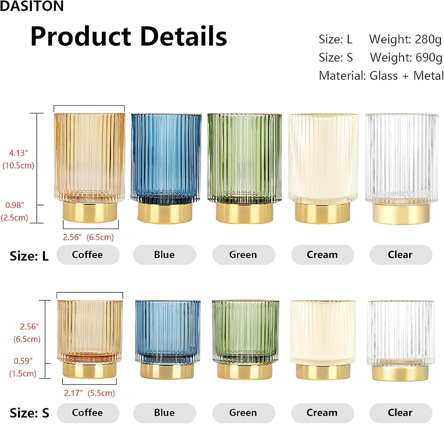 DASITON Makeup Brush holder Organizer,Crystal Cosmetic Makeup Brush Glass Brushes Storage Holder, Vintage Make Up Brush Cup Pen Pencil Holder striped vase(Cream S+L)