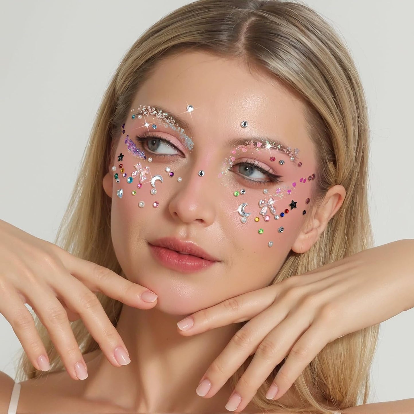 FANDAMEI Face Glitter Face Gems, 40 Colors Glitter Gel Palette with 6 Sheets Self Adhesive Hair Gems, Face Jewels for Women. Face Rhinestones Pearls for Women Kids, Body Hair Glitter