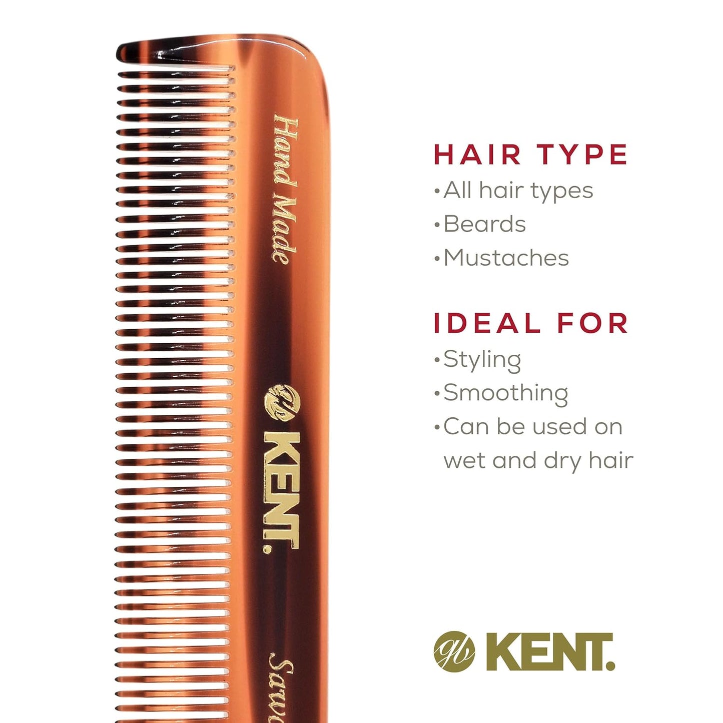 Kent A FOT Tortoise Fine Tooth Handmade Pocket Comb for Men, Women and Kids, Hair Comb Straightener for Everyday Grooming and Styling, Beard and Mustache, Saw Cut and Hand Polished, Made in England