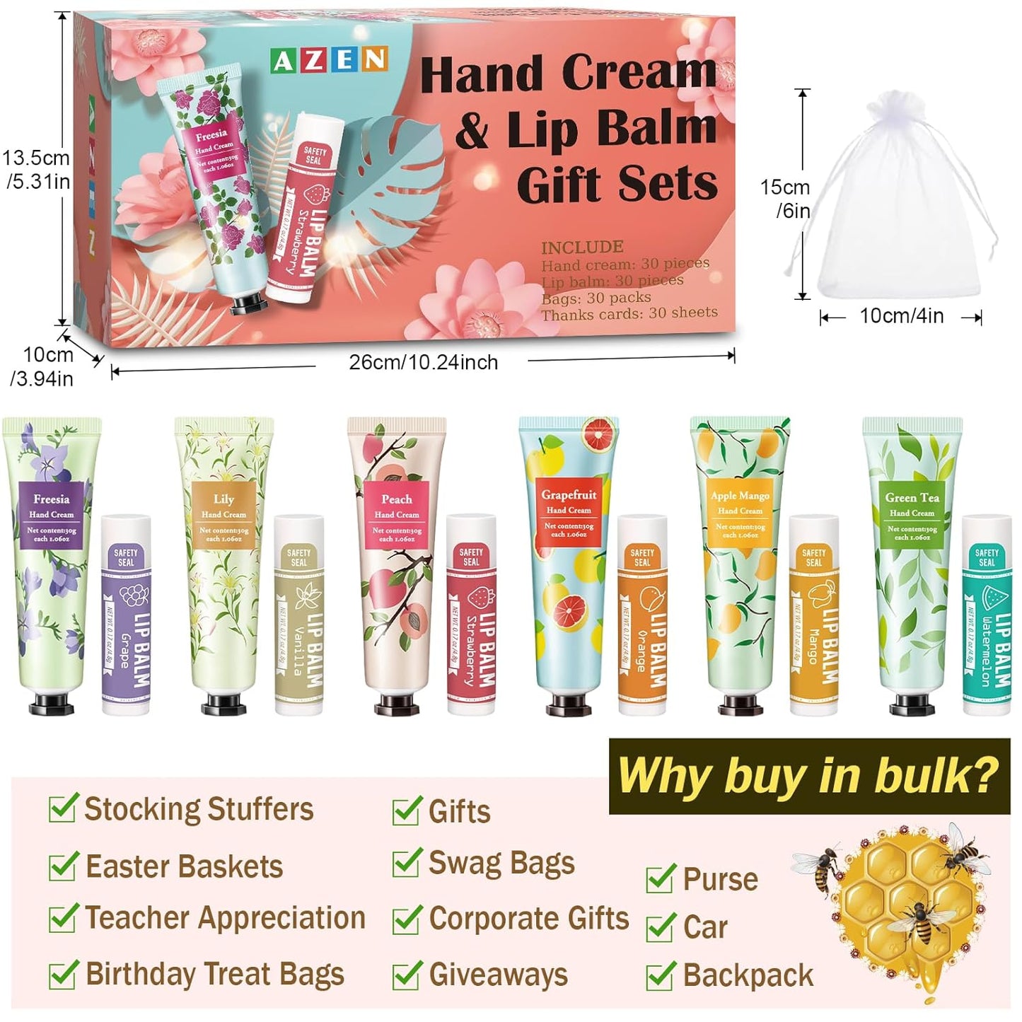 AZEN 30 Sets Bulk Gifts, Hand Cream and Lip Balm Bulk Set with Organza Bag Thank You Card, Baby Shower Wedding Gifts for Guests, Bridal Wedding Favors for Guests,Thank You Gifts for Women