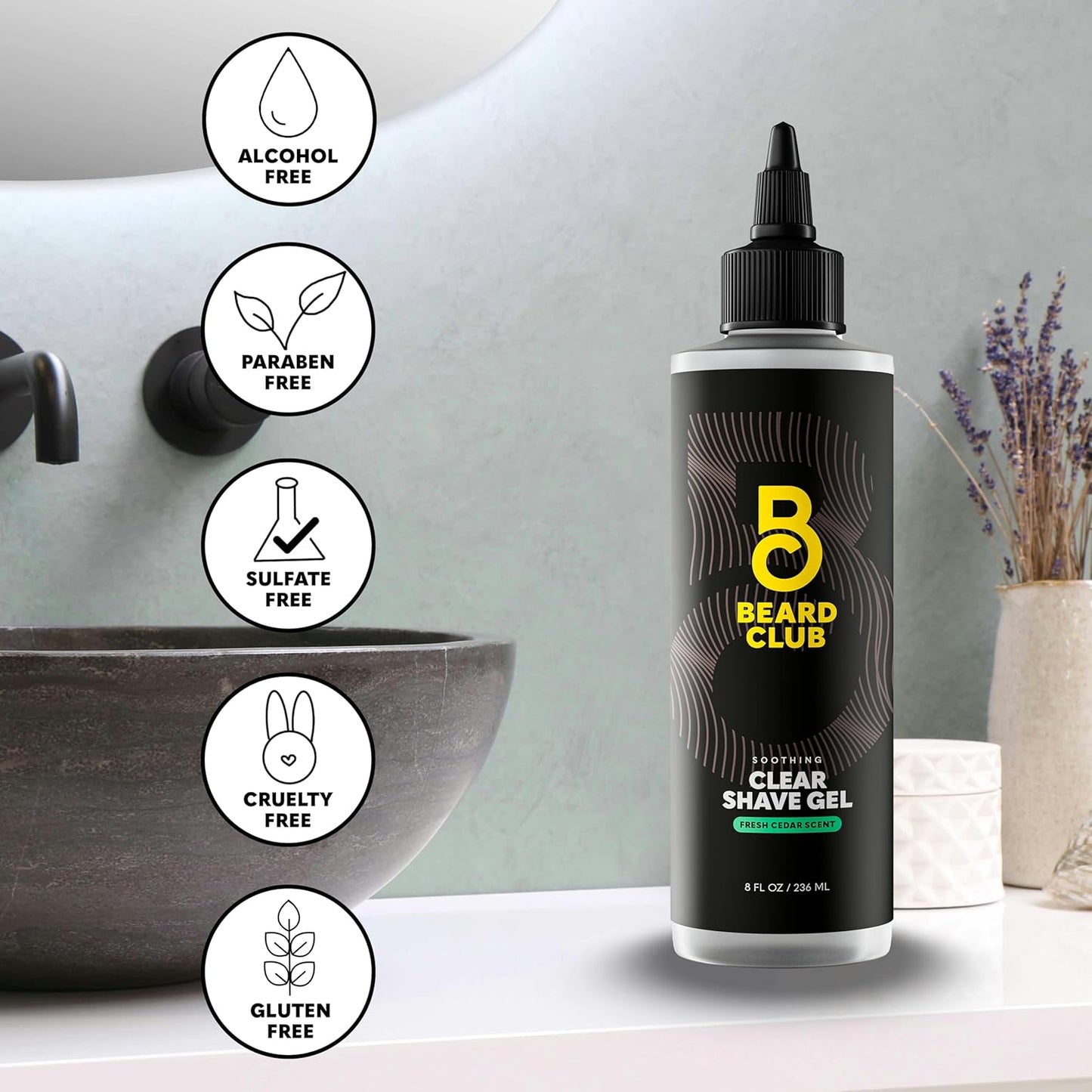 Beard Club Premium Shaving Gel for Men – Hydrating Mens Shave Cream for Sensitive Skin – Cedar Scent Precise Line Ups & Smooth Shaving – Clear Shave Gel for Men – Cooling Sensation – Sativa Seed 8oz