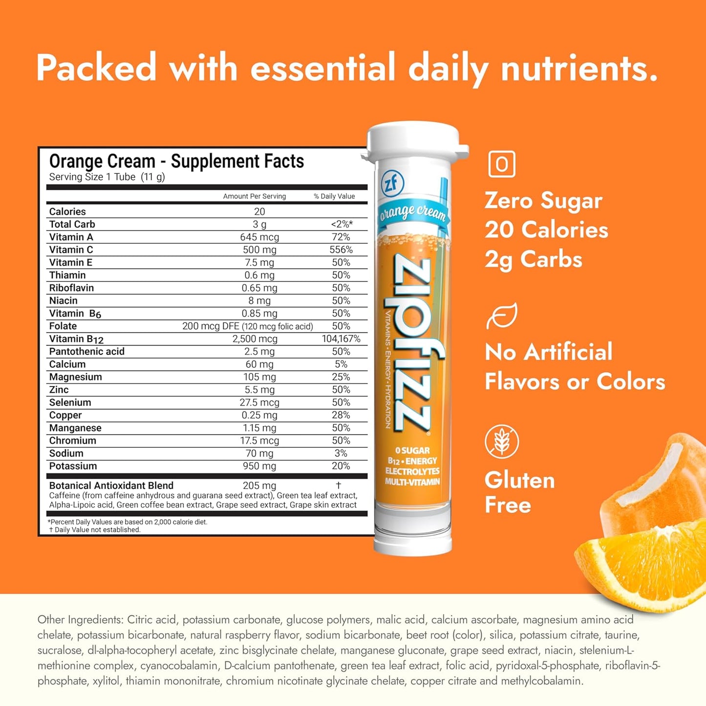 Zipfizz Daily Energy Drink Powder, Orange Cream, 20 Pack | 3-in-1 Sustained Energy, Rapid Hydration, and Essential Vitamins | Sugar-Free | Electrolyte Powder | Contains Vitamin B-12 & Antioxidants
