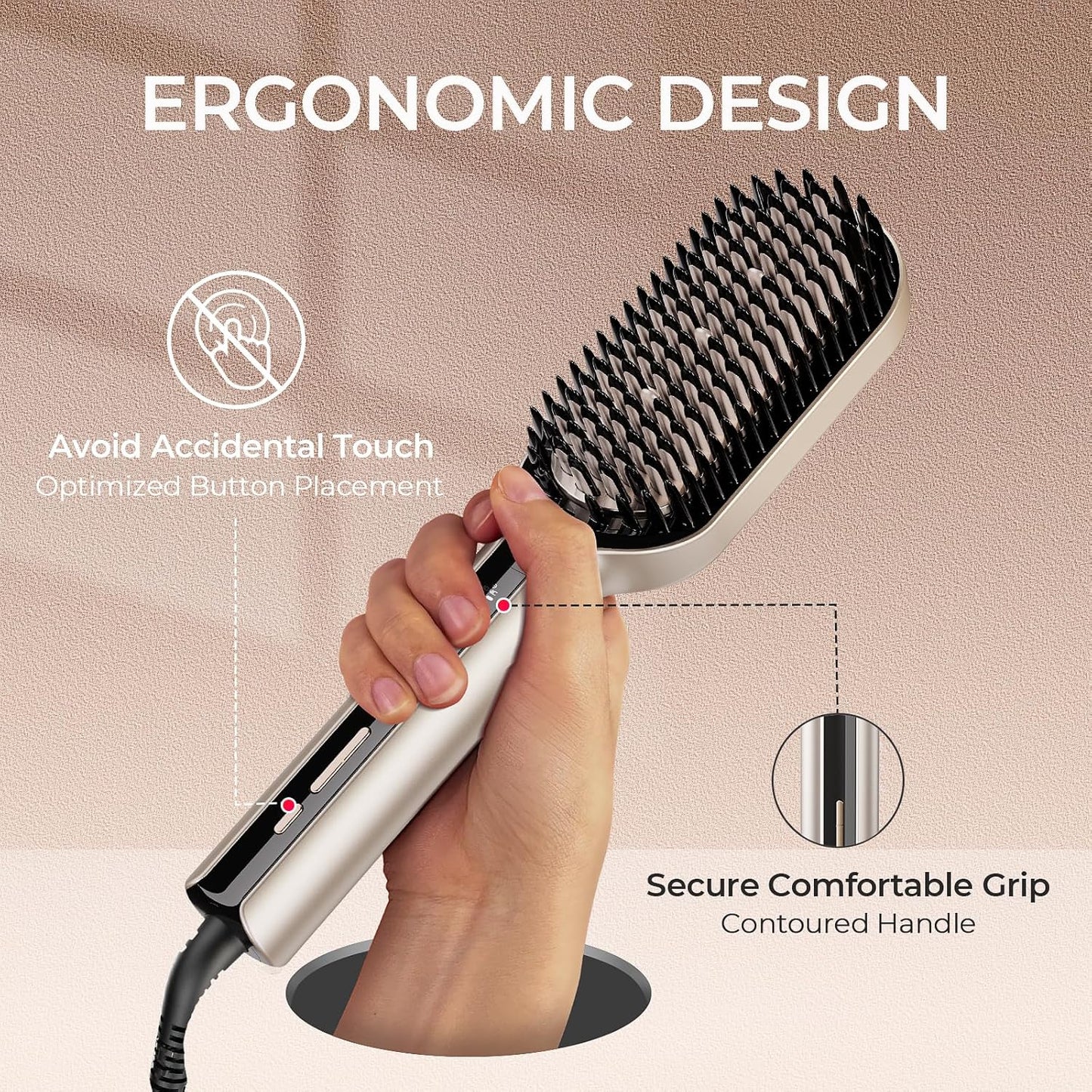 TYMO Hair Straightener Brush - Upgraded Ionic Plus Straightening Brush with Dense Bristles, 16 Temps, Dual Voltage | Ceramic Hot Comb for Women | Flat Iron for Thick Curly Hair, Gold