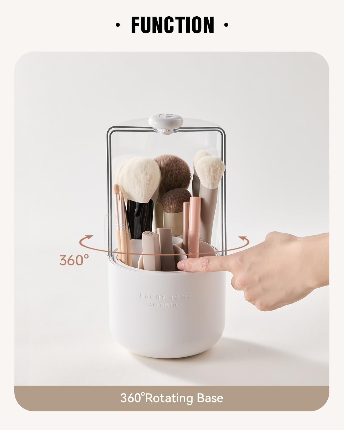 EACHY Makeup Brush Holder 360° Rotating with Dustproof Lid, Waterproof Material, 7 Compartments for Organized Storage, Stylish and Durable Design for Vanity (White)