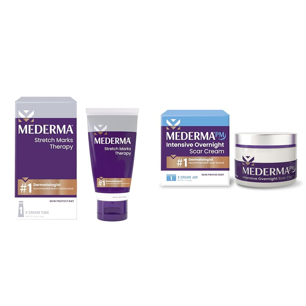 Mederma Stretch Marks Therapy, Helps Prevent and Treat Stretch Marks, Safe to Use When Pregnant & PM Intensive Overnight Scar Cream, Works with Skin's Nighttime Regenerative Activity