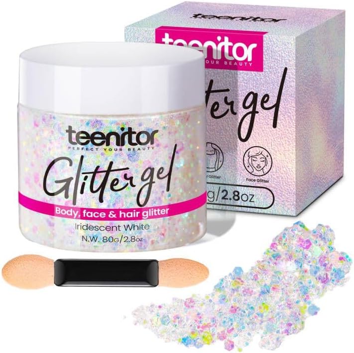 Teenitor Body Glitter, Face Glitter, White Glitter, 80g/2.8oz Face Body Glitter, Hair Glitter Gel, Rave Glitter, Mermaid Makeup Glitters for Kids