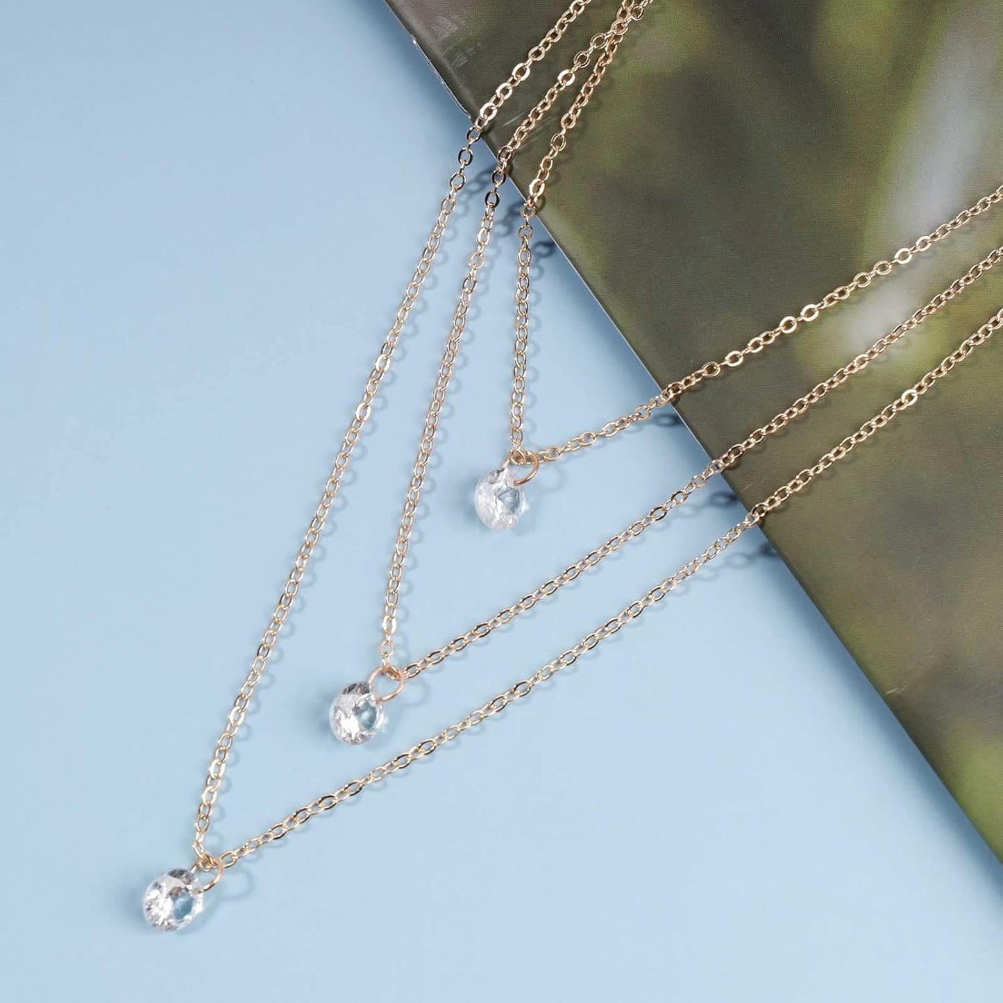 Boho Layered Crystal Necklace Choker Gold Bezel Pendant Necklace Multi Layering Vintage Necklace Chain Cz Bridal Necklace Chain Jewelry for Women and Girls