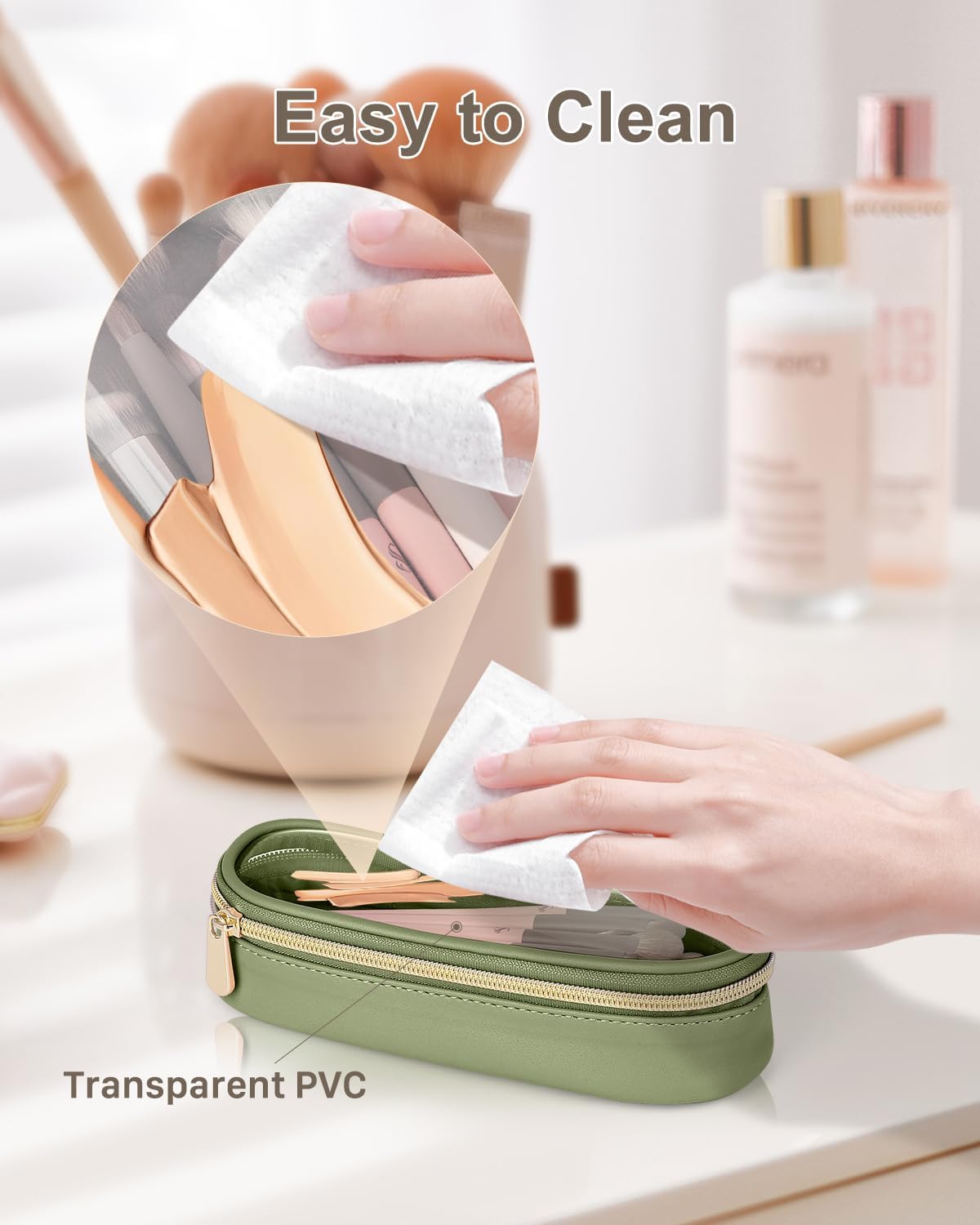 Clear Travel Makeup Brush Holder, Leather Makeup Brush Toiletry Bag, Portable Cosmetic Brush Case, Transparent Waterproof Makeup Brush Storage Bag, Green