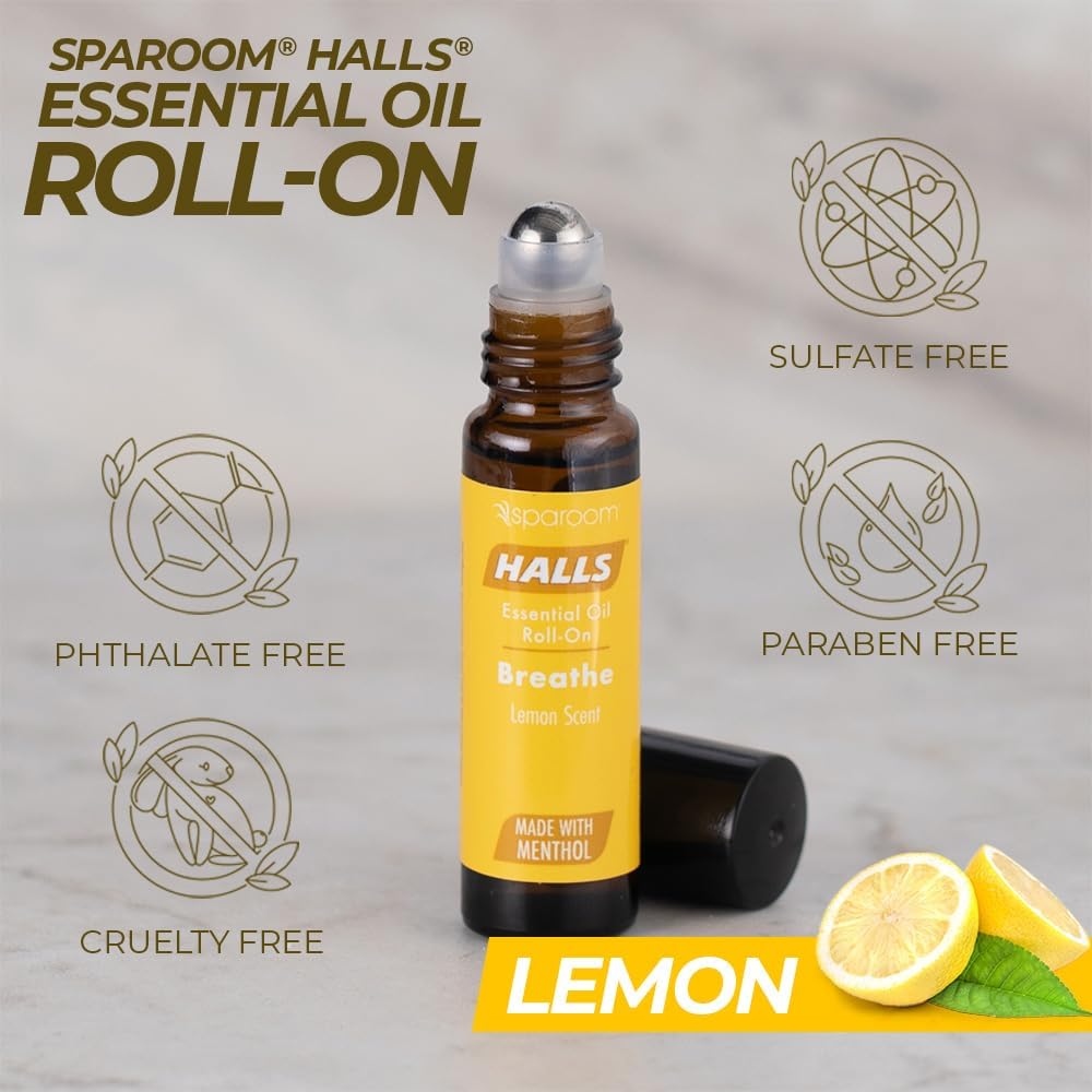 Halls Breathe Essential Oil Roll On Lemon – Uplifting Citrus Blend with Menthol for Stress and Craving Relief, Clean Botanical Aromatherapy for Travel or Home Use, 10mL Pocket-Sized Format
