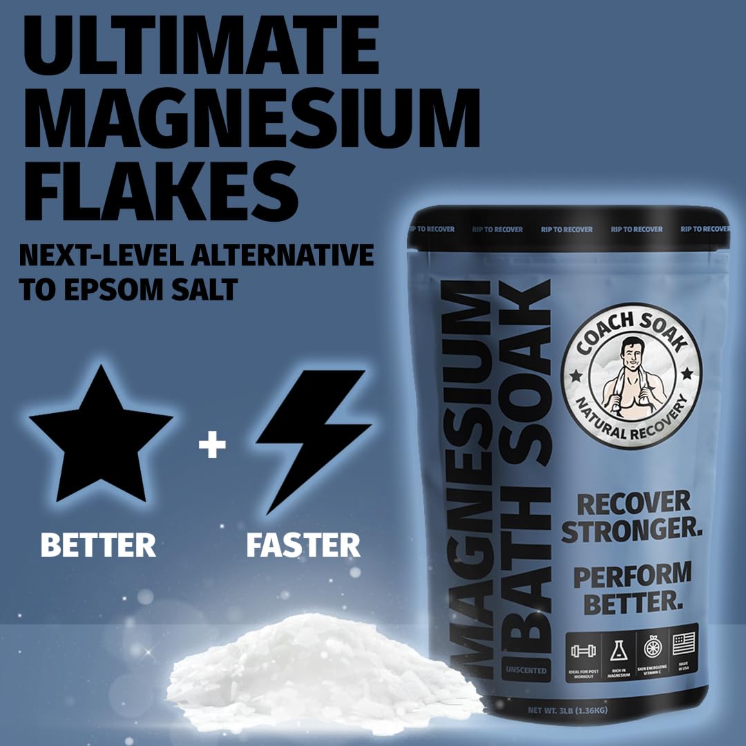 Coach Soak Recovery Bath Soak - Alternative to Epsom Salt Bath Soak - Fast-Absorbing Pure Magnesium Flakes with 21 Minerals, Bath Salts & Essential Oils - 3 lb (1 Pack) - Unscented