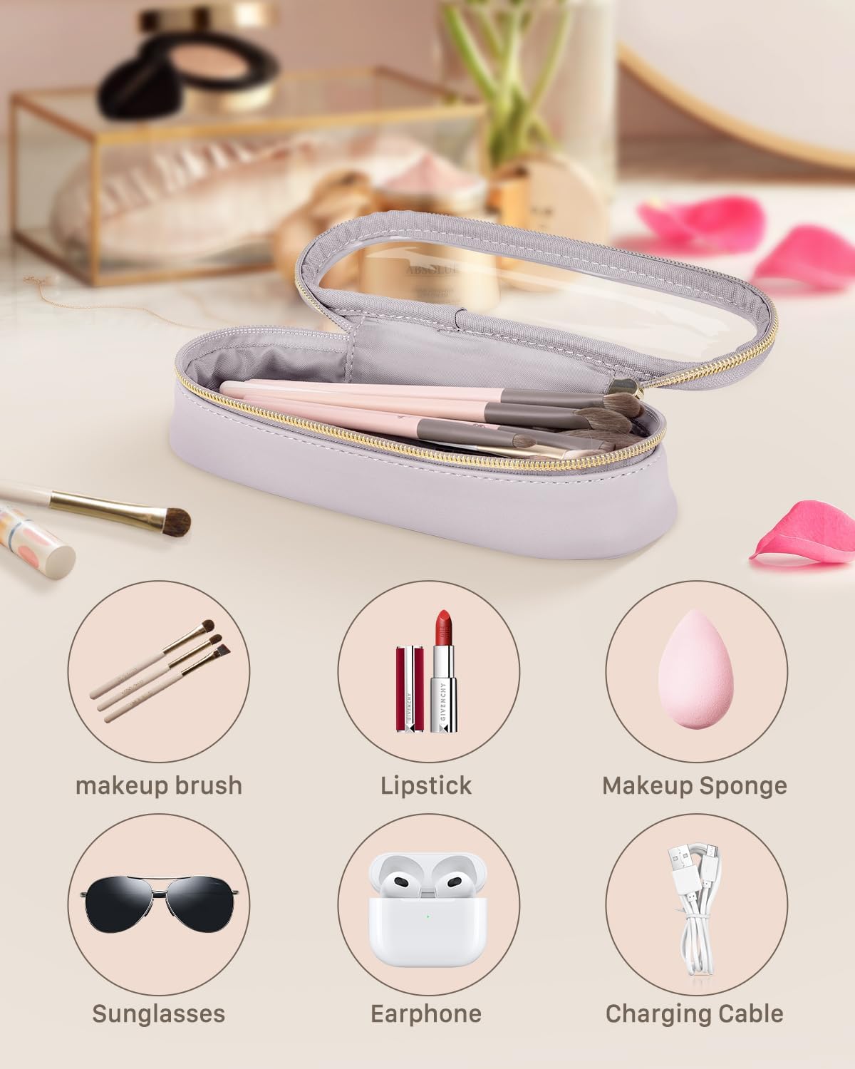 Clear Travel Makeup Brush Holder, Leather Makeup Brush Toiletry Bag, Portable Cosmetic Brush Case, Transparent Waterproof Makeup Brush Storage Bag, Purple