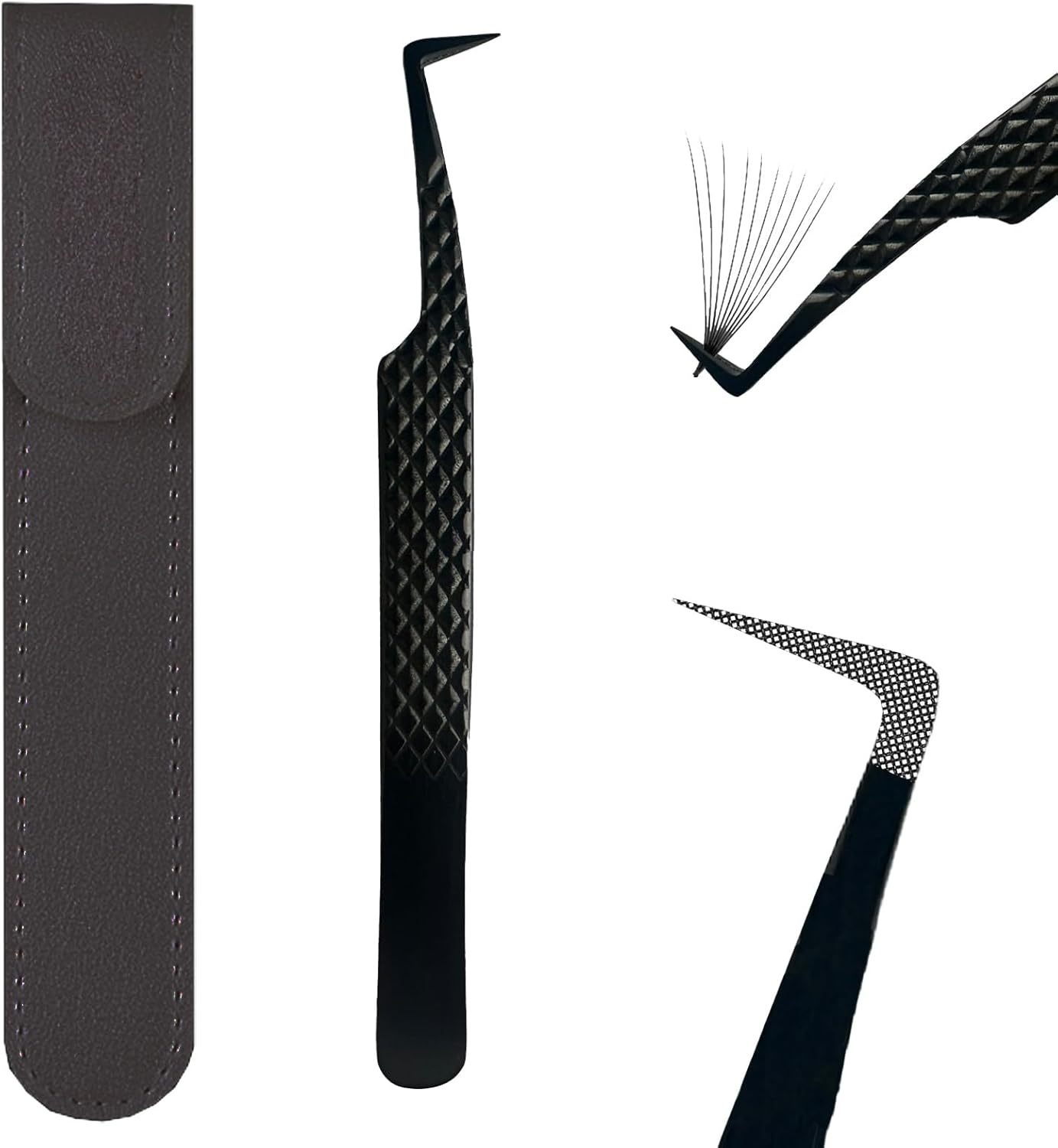 Lash Tweezers For Eyelash Extensions, Fiber Tip, Japanese Steel, Black, 90 Degree