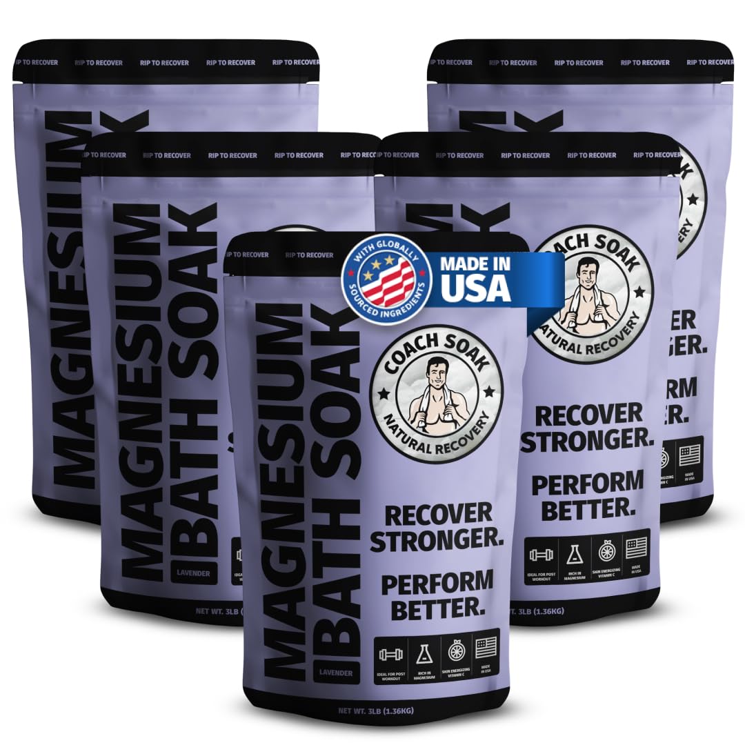 Coach Soak Recovery Bath Soak - Alternative to Epsom Salt Bath Soak - Fast-Absorbing Pure Magnesium Flakes with 21 Minerals, Bath Salts & Essential Oils - 15 lb (5 Pack) - Lavender