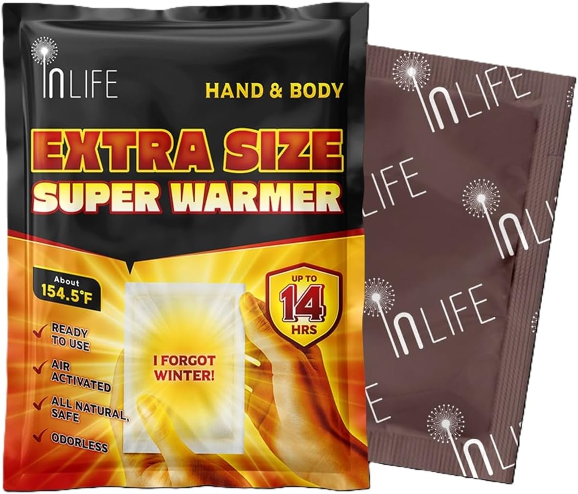 InLife Extra Size Super Warmer for Hands and Body, All Natural & Safe, Bigger & Wider Area Covered, Higher Heating 145°F, Air Activated, Easy & Comfort, Steady Longer Lasting, Odorless, 30 Packs