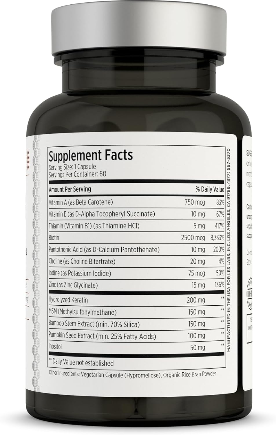 LES Labs Hair Health – Hair Growth & Nails Supplement, Improved Thickness, Strength & Fullness – Keratin, Biotin, Pumpkin Seed & MSM – 60 Capsules