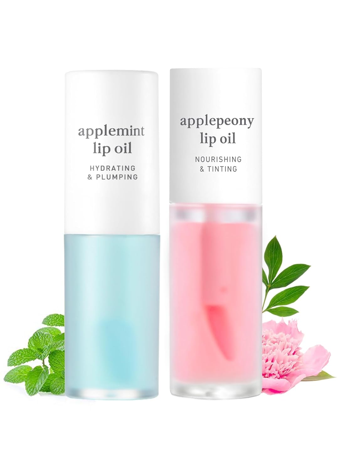 NOONI Korean Vegan Lip Oil - Applemint, 0.12 Fl Oz + Korean Lip Oil - Applepeony, 0.12 Fl Oz Bundle