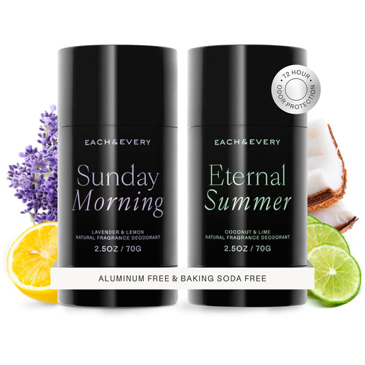 Each & Every Aluminum Free Deodorant for Women & Men, Lavender & Lemon + Coconut & Lime - All Natural Deodorant for Sensitive Skin, EWG Verified - Clean, Baking Soda-Free, Plant-Based - 2.5oz, 2 Pack
