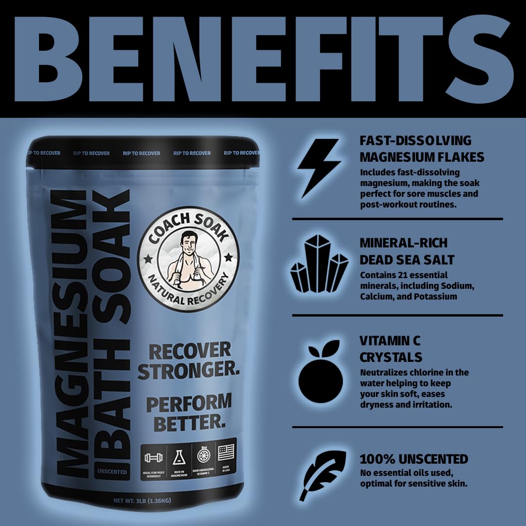 Coach Soak Recovery Bath Soak - Alternative to Epsom Salt Bath Soak - Fast-Absorbing Pure Magnesium Flakes with 21 Minerals, Bath Salts & Essential Oils - 3 lb (1 Pack) - Unscented