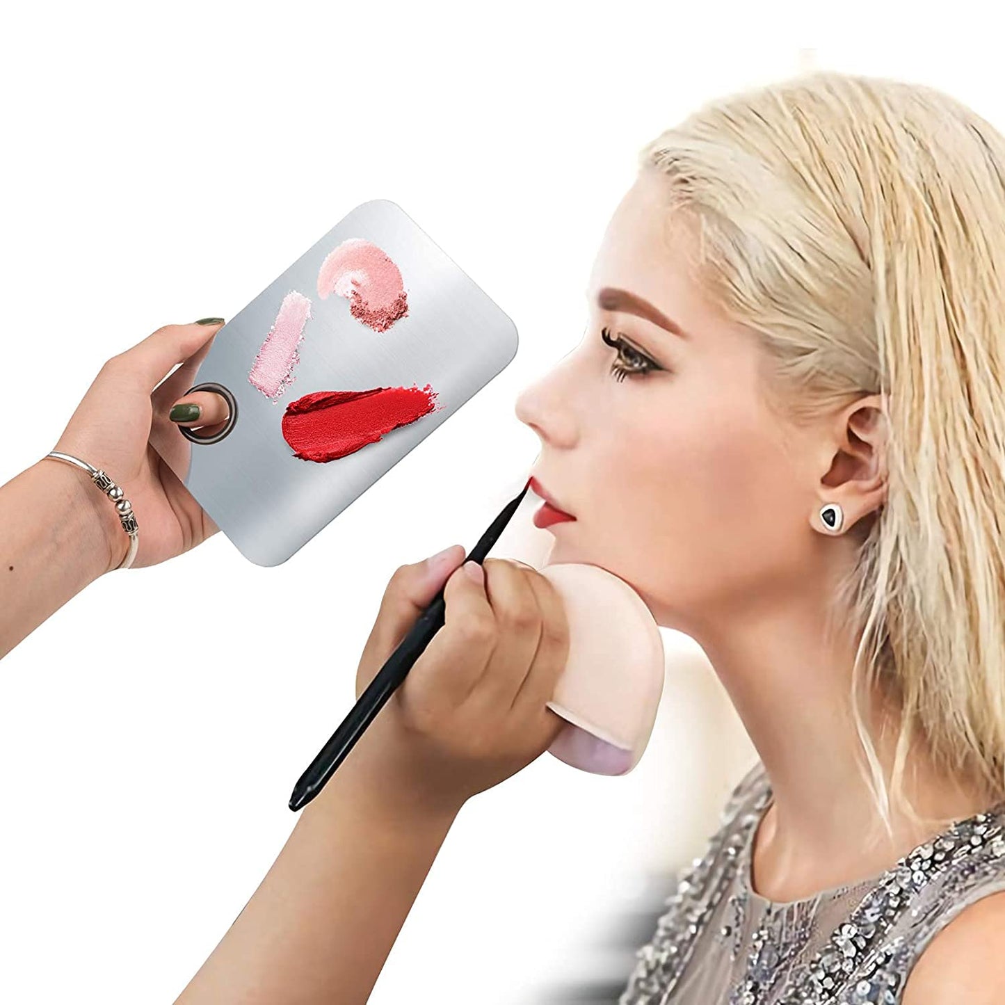 Makeup Mixing Palette, Upgrad Stainless Steel Metal Foundation Palette with Spatula Artist Tool for Mixing Foundation Nail-Art, Size 4.5x2.9 in（2 Pcs）