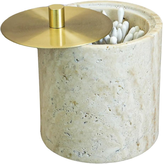 Qtip Holder With Brass Lib, Beige Travertine Cotton Swab Jars 4 Inch, Modern Round Marble Canister, Small Apothecary Storage Jars for Bathroom, Bedroom, Vanity, Kitchen Cabinet