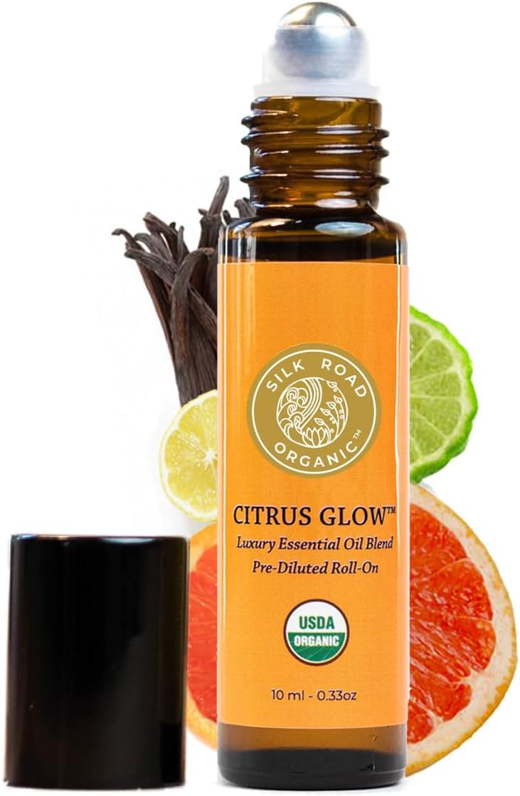 Silk Road Organic Citrus Glow Essential Oil Revive Blend Roll On, 100% Pure USDA Certified Citrus & Vanilla - Uplifting, & Energizing - 10 ml Roller - Always Pure, Always Organic