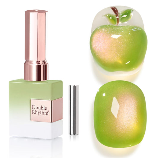 Double Rhythm 0.5 OZ Cat Eye Gel Polish with Magnet 15ML Holographic Glitter Shimmer Translucent Jelly Color Magnetic Nail Polish Salon DIY at Home (Green Pink-MC1214)