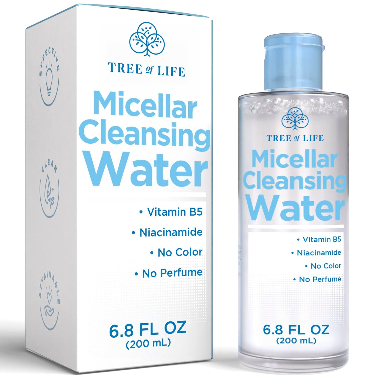 Tree of Life Beauty Micellar Cleansing Water (6.8fl oz) - Micellar Water Makeup Remover with Niacinamide, Vitamin B5, Glycerin - Eye Makeup Remover Liquid, No Rinse Needed