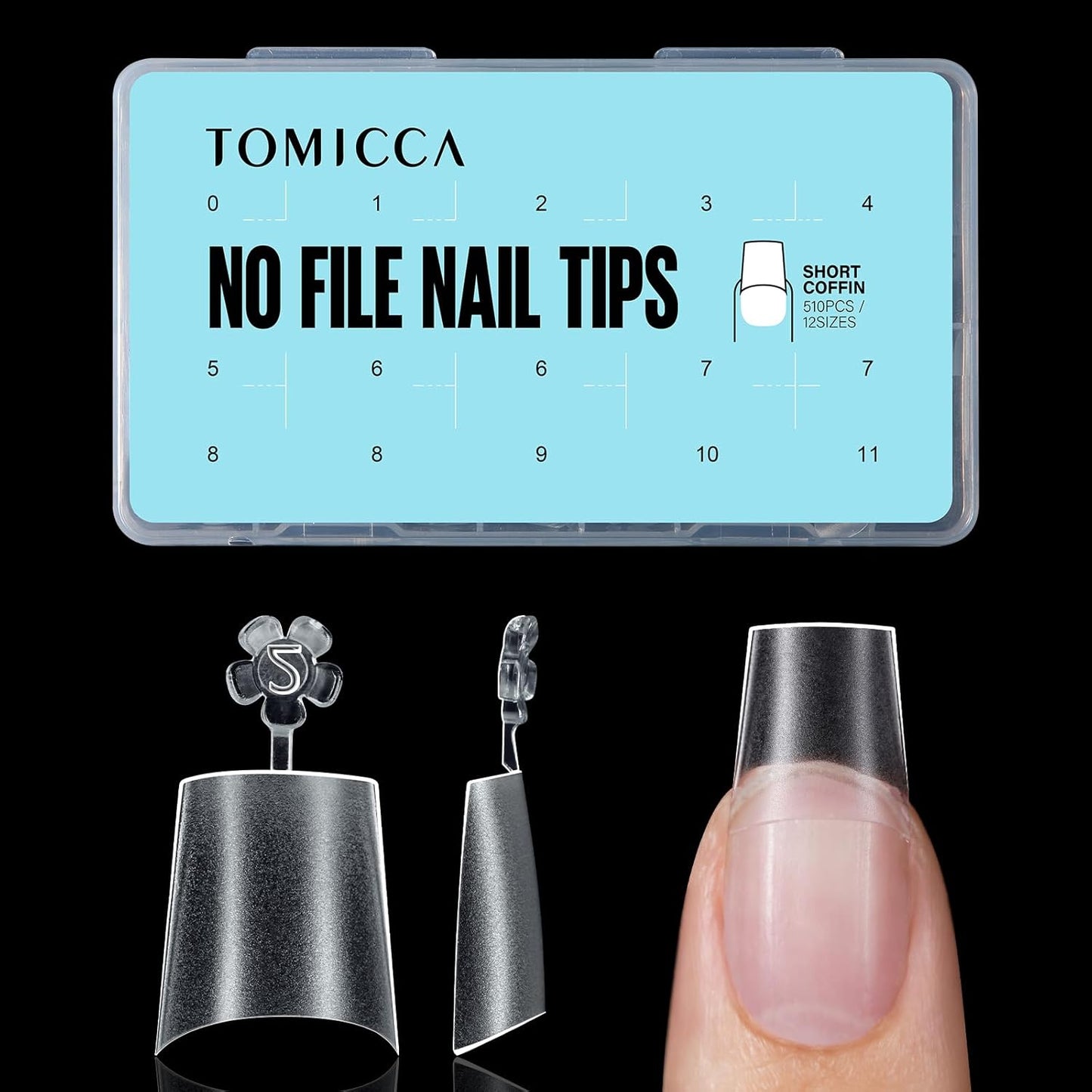 TOMICCA Short Coffin Nail Tips, 510Pcs Acrylic Half Cover Nail Tips, 12 Sizes No C Curve Full Matte Gel Nail Extension Tips for Beginner and Professional