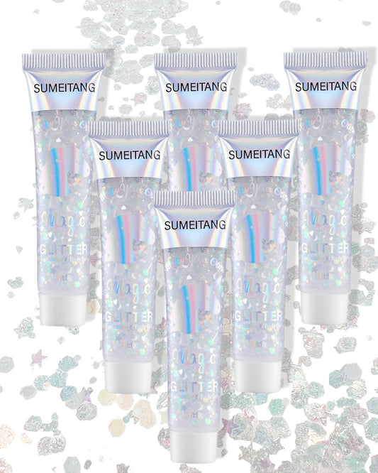 6 Pcs Clear White Face Body Glitter Gel，Holographic Chunky Sequins Body Glitter Paint for Party Singer Concerts Music Festival Rave Accessories for Girls Women Face Body DIY Sparkling Makeup