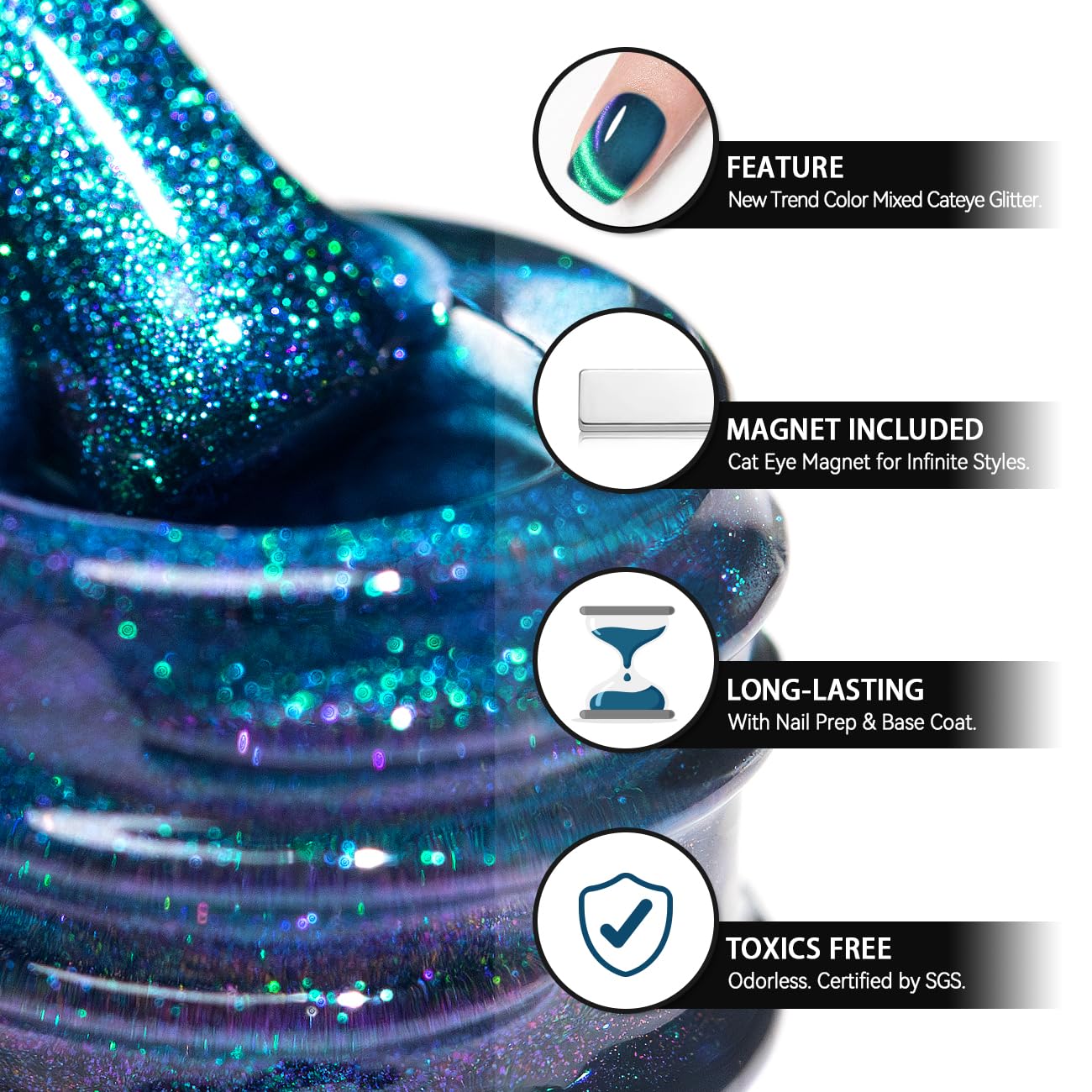 RARJSM Aurora Cat Eye Gel Nail Polish Blue Green Purple Multi Color Velvet Diamond Cateye Gel Polish with Magnet Stick Reflective Shimmer UV LED Curing Requires Soak Off for Home Salon Manicure 15ml
