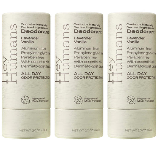 Hey Humans Deodorant, Aluminum Free Deodorant for Women and Men, Contains Naturally Derived Ingredients, All Day Odor Control, Refreshing Deodorant Essential Oils, Pack of 3, Lavender Vanilla