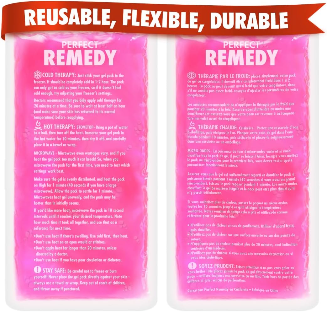 Perfect Remedy 2-Pack Gel Ice Packs for Injuries, Soft and Flexible Hot & Cold Compress, Soothing Ice Packs Aid for Sprains, Strains & Soreness conditions, Alternative to Hot Water Bottles (Pink, Reg)