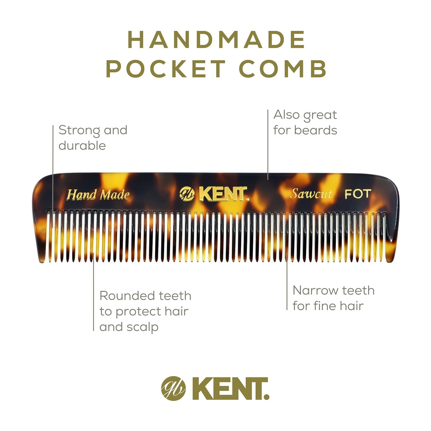 Kent FOT TY Fine Tooth Comb for Men - Handmade Pocket Comb for Travel, Styling, Fine or Thinning Hair, Mustache and Beard Care Handpolished Saw-Cut Made in England