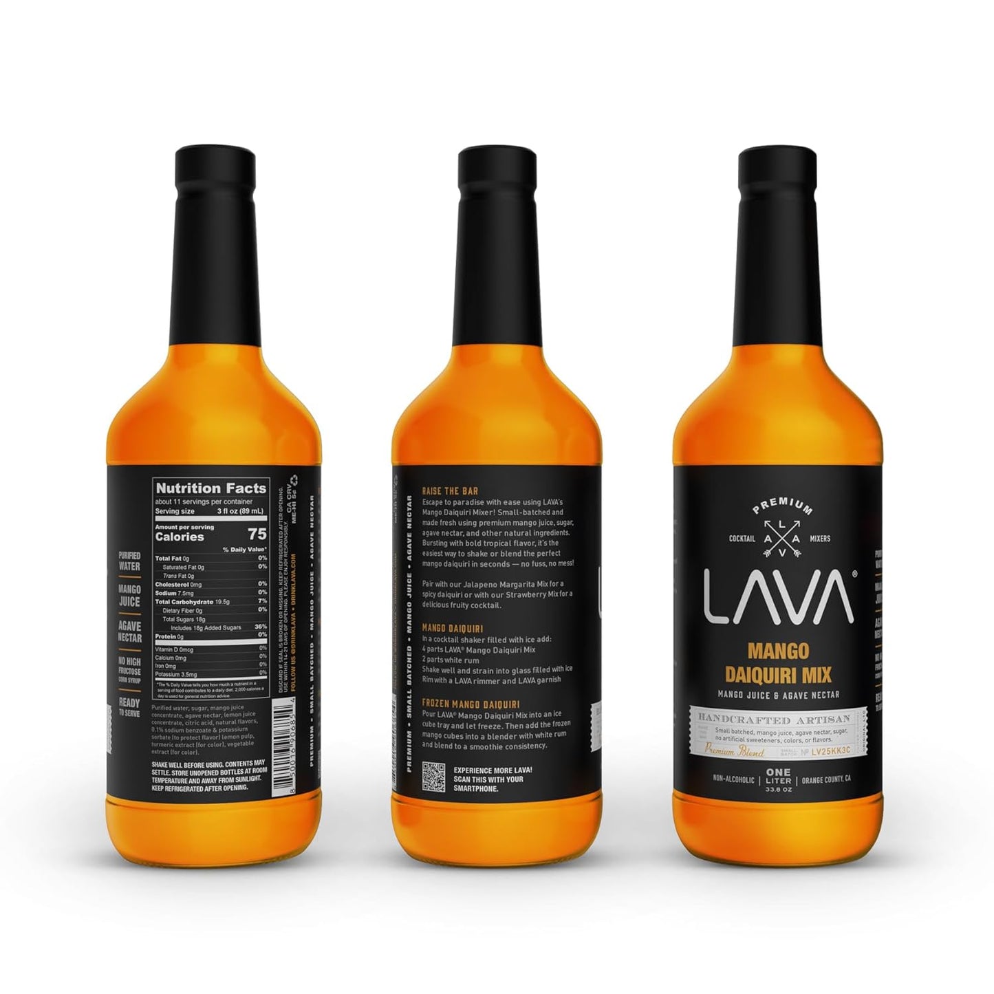 LAVA Premium Mango Daiquiri Mixer Made with Real Mango Juice, Cane Sugar, Agave Nectar. No Artificial Sweeteners, Flavors, or Colors. Gluten Free, Vegan, Non-GMO. 1-liter (33.8oz) Glass Bottle