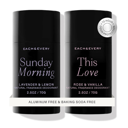 Each & Every Aluminum Free Deodorant for Women & Men, Lavender & Lemon + Rose & Vanilla - All Natural Deodorant for Sensitive Skin, EWG Verified - Clean, Baking Soda-Free, Plant-Based - 2.5oz, 2 Pack