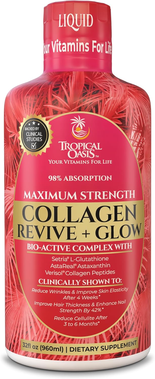 Liquid Collagen Glow for Women & Men– 5000mg VERISOL Hydrolyzed Collagen Peptides + Biotin | Supports Skin Elasticity, Hair Growth, Strong Nails | Clinically Studied Ingredients| 32 Serv