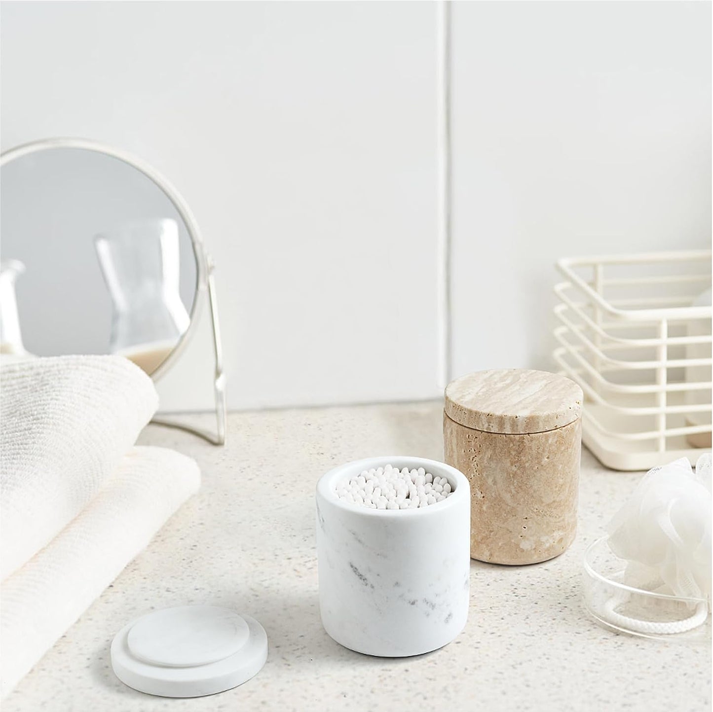 WORHE Travertine Qtip Holder Dispenser with Lid for Cotton Swabs,Balls,Pads,Floss Picks Large Capacity Marble Apothecary Jar for Bathroom Essentials Decor, Vanity Makeup Storage Organizer Beige(WH050)