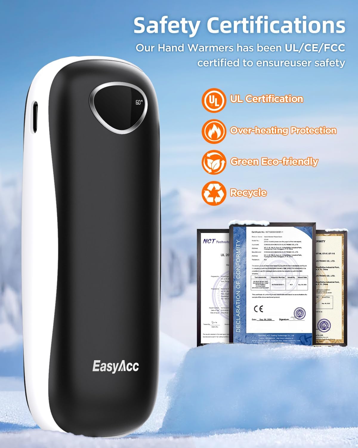 EasyAcc® Pocket Size Hand Warmers Rechargeable, Golf Hunting Hand Warmers, Real 16 Hrs Warmth, Heat Up to 131℉, UL Certified, Gloves Fitting, Golf Raynauds Skiing Essentials, Gifts Women Men