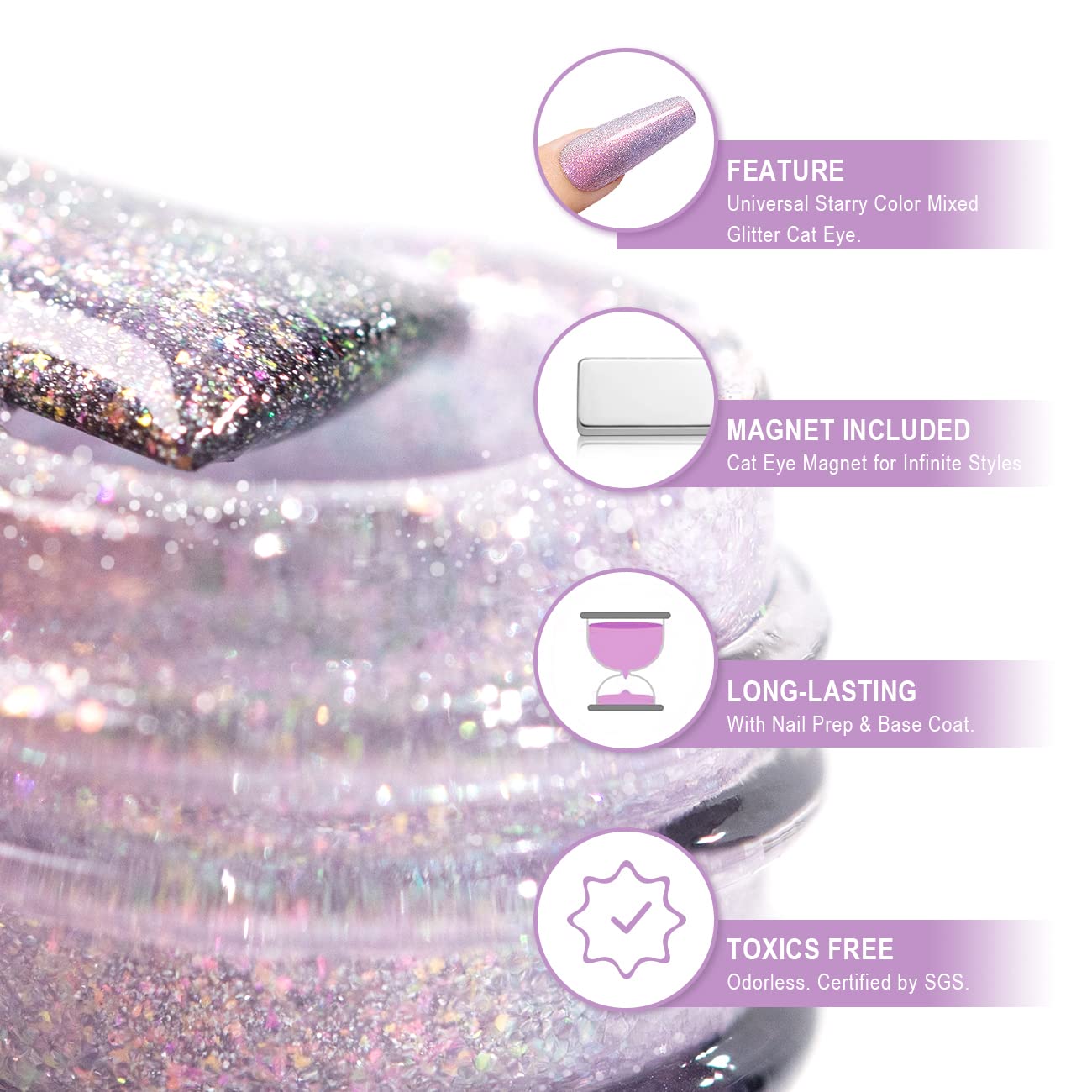 RARJSM Aurora Cat Eye Gel Nail Polish Purple Pink Velvet Silver Glitter Universal Galaxy Shimmer Star Effect Gel Polish with Magnet Stick Single Bottle UV LED Curing Require Soak Off Home Salon