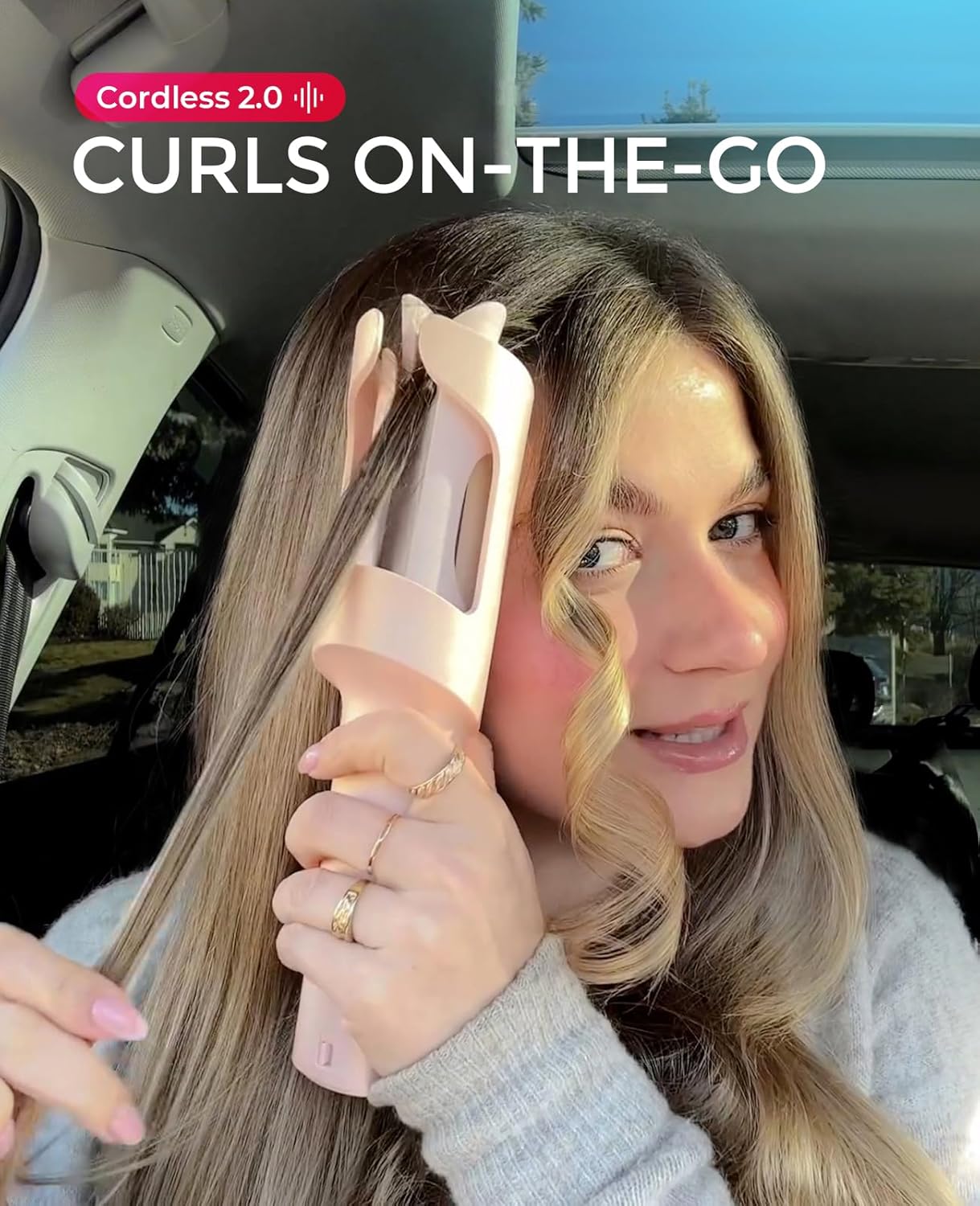 TYMO Cordless Automatic Curling Iron - TYMO CurlGo 1 Inch Beach Waves Rotating Curling Wand, Portable Hair Curlers for Travel, Dual Voltage & Rechargeable Curler for Women, Tangle-Free, Gold Blush