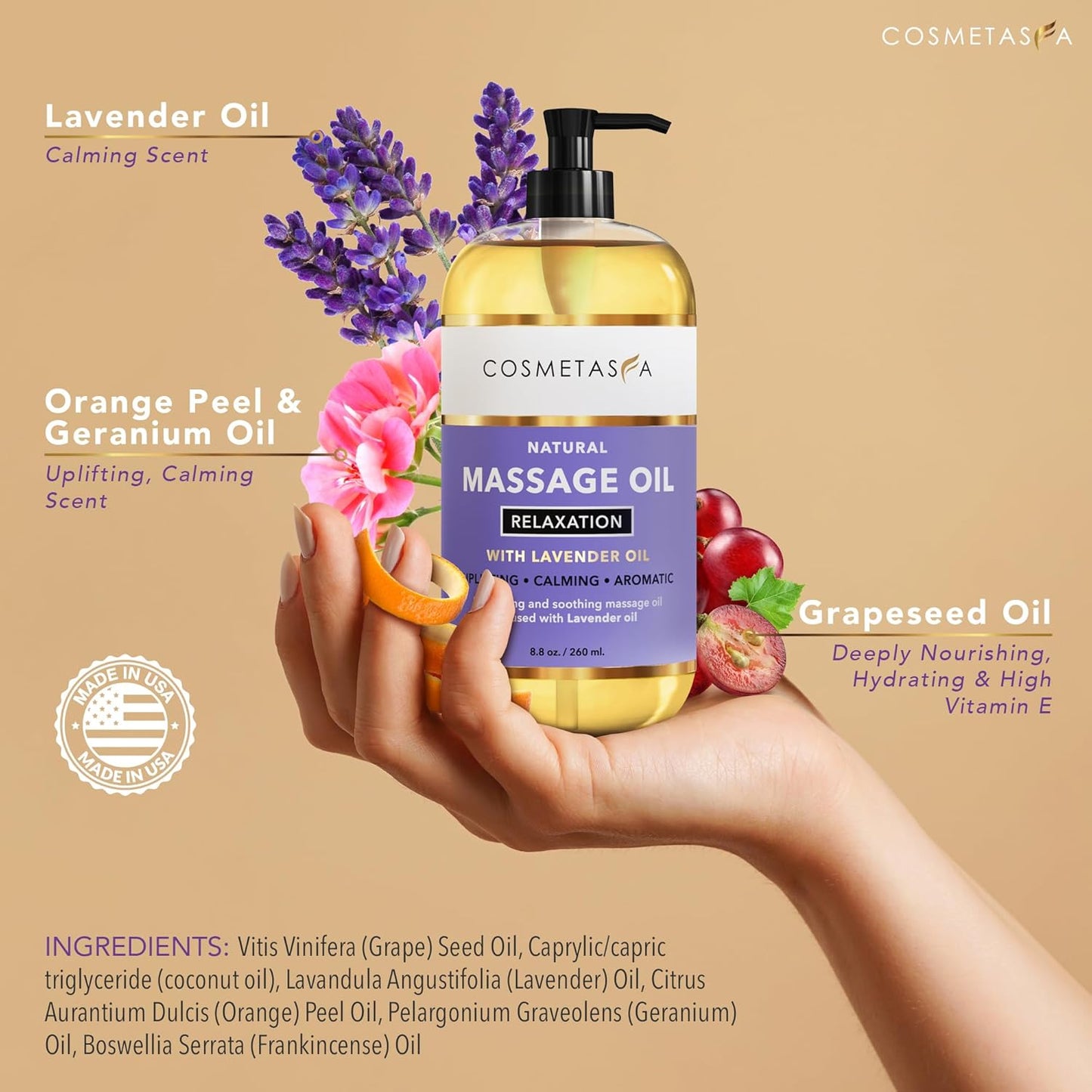 Cosmetasa Body Massage Oil for Massage Therapy Kit - Arnica Sore Muscle Massage Oil, Cellulite Massage Oil, Lavender Massage Oil, Skin Massage Roller Ball, Massager Mitt - Relaxing Luxury Spa Gift Set