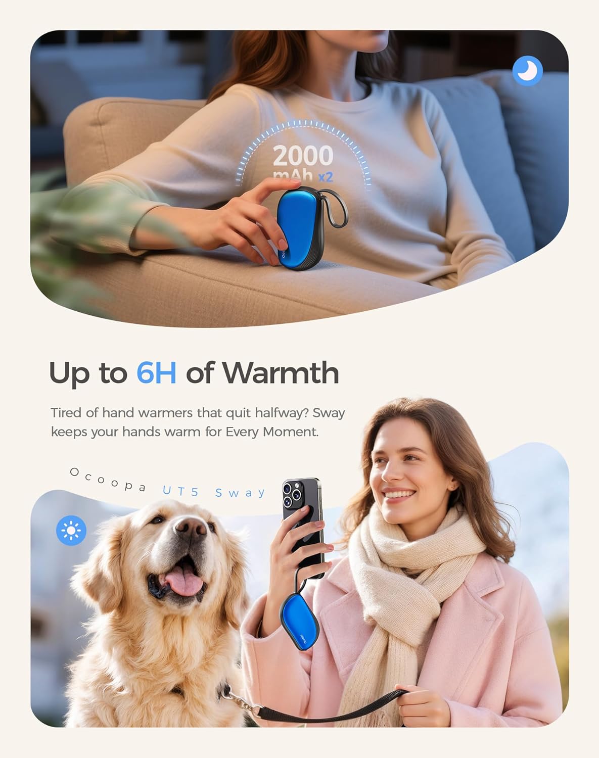 OCOOPA Hand Warmers Rechargeable 2 Pack, Ultra Slim Electric Hand Warmers, Portable Pocket Heater, Comb-Inspired, Fits in Gloves,UL Certified, Winter Essentials,UT5 Sway