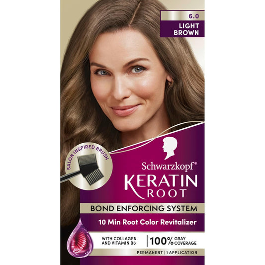 Schwarzkopf Keratin Color Root Permanent Hair Color Kit, Light Brown, 1 Application - Salon Inspired Permanent Hair Dye, for up to 80% Less Breakage vs Untreated Hair and up to 100% Gray Coverage