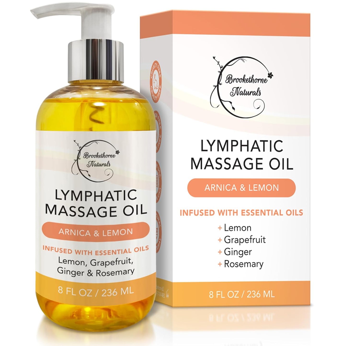 Lymphatic Massage Oil for Massage Therapy | 100% Natural Lymphatic Drainage Oil | Premium Quality with Arnica, Lemon & Ginger | for Post Surgery Recovery & Detox | 8oz by Brookethorne Naturals