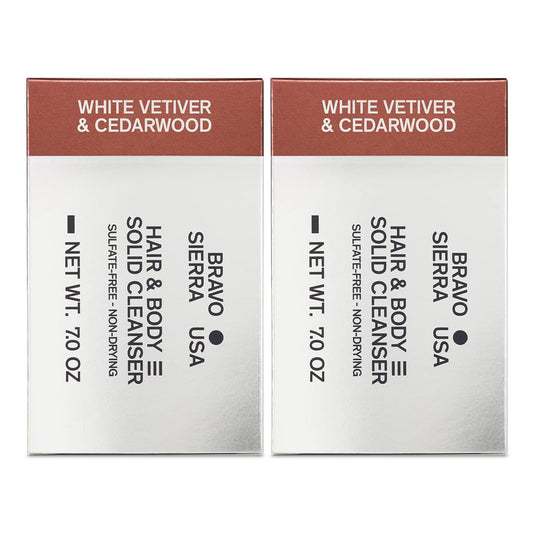 Bravo Sierra Body & Hair Bar, 2-Pack - All-In-One Shampoo & Facial Cleanser with White Vetiver & Cedarwood, 7 oz - Coconut, Shea Butter & Oat Flour for Soft Skin & Healthy Hair