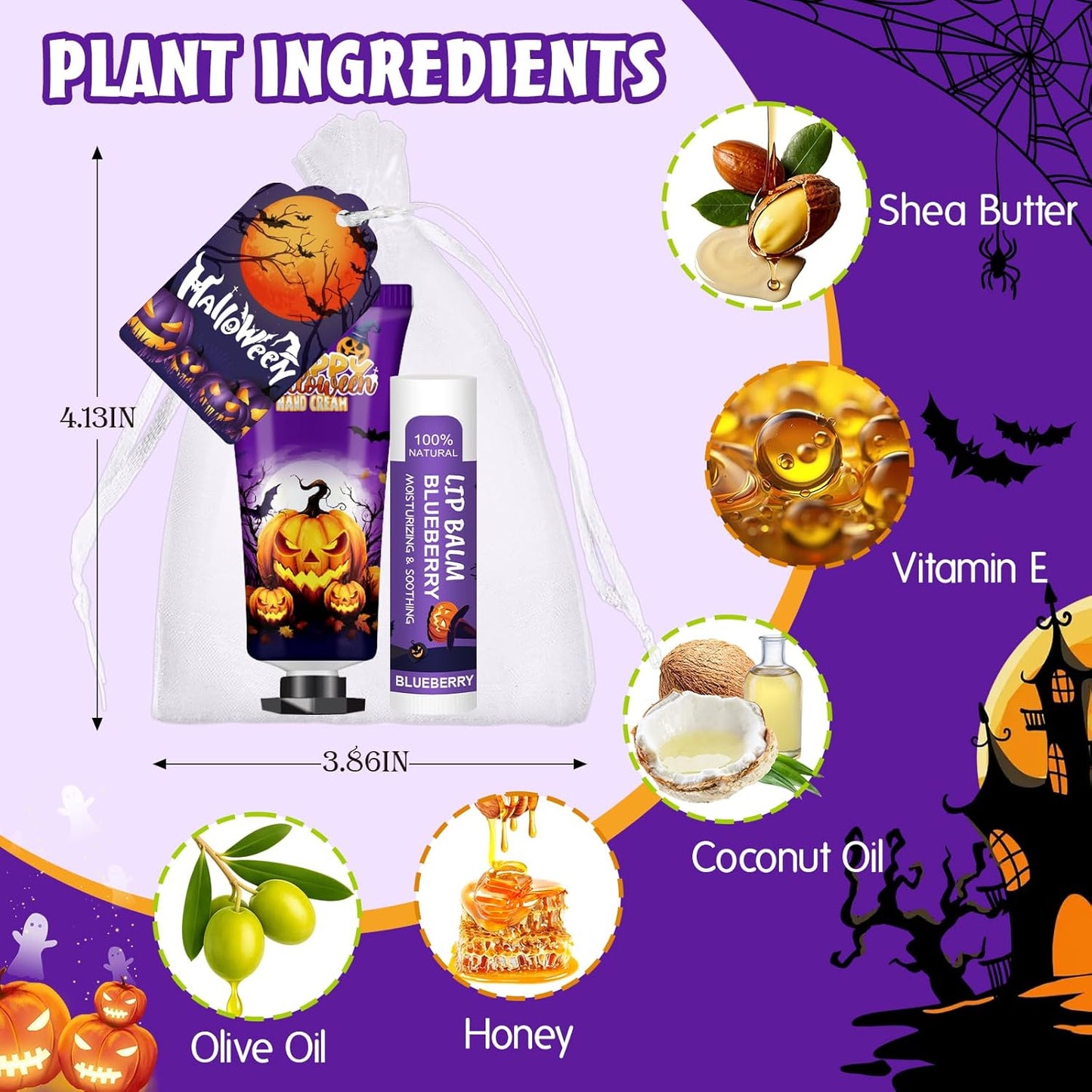 VESPRO 50 Pack Halloween Hand Cream and Lip Balm Set, Bulk Halloween Gifts with Halloween Cards and Organza Bag, Halloween Decorations and Halloween Party Favors Goodies for Women