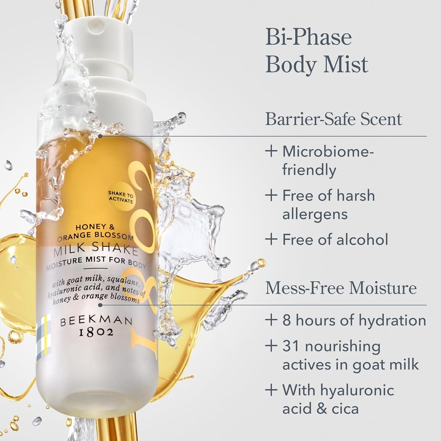 Beekman 1802 Milk Shake Body Mist - Honey & Orange Blossom 4.7 fl oz - Hyaluronic Acid, Jojoba Oil, Instantly Moisturizes, Hydrates & Softens, Good for Sensitive Skin, Cruelty Free