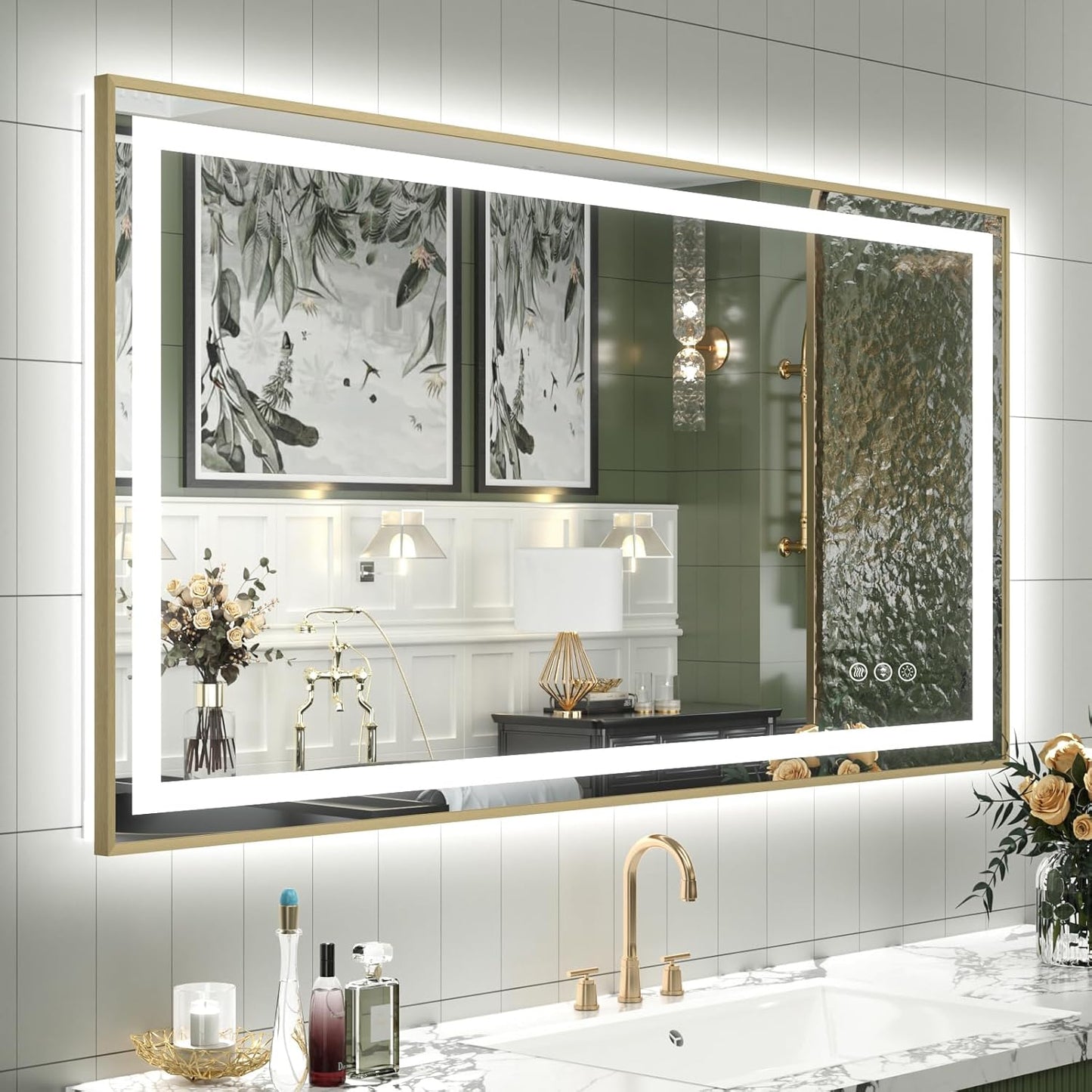 OKPAL 40x24 Gold LED Bathroom Mirror with Lights, Frontlit & Backlit Metal Framed Mirror, Lighted Bathroom Vanity Mirror, Anti-Fog, Dimmable 3 Colors, Shatterproof, Horizontal/Vertical