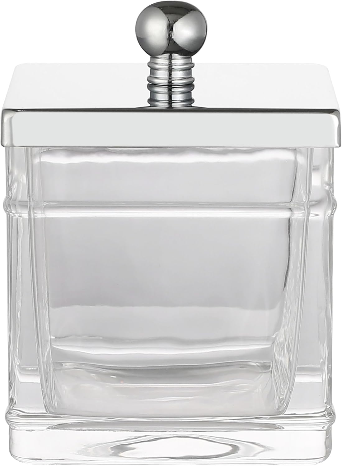 Apothecary Glass Cotton Jar Holder Silver Stainless Steel Lid, Elegant Bathroom Storage Canister for Qtips, Cotton Balls, Floss, Makeup Organizer, Vanity Bathroom Organization